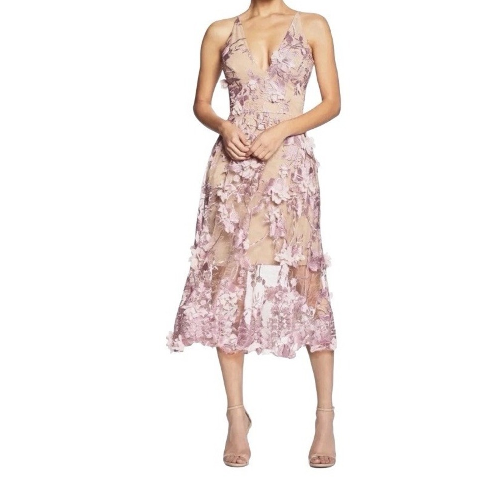 Dress The Population Audrey Floral Embroidered Fit Flare Dress XS Lilac/Nude